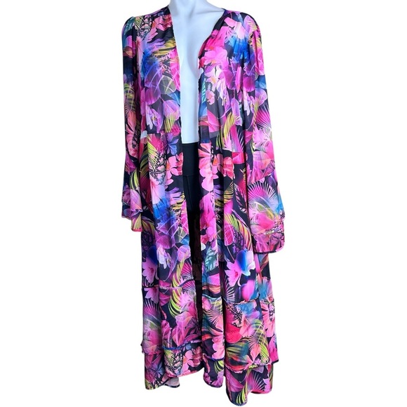 torrid Tops - Torrid Women Tropical Floral Duster Kimono  Size 1X (14–16) Pink Blue Sheer Boho
